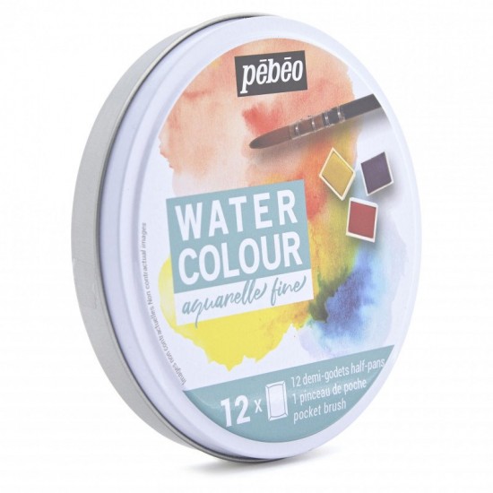 Pebeo Aquarelle Fine Watercolour Round Tin Set of 12 Half Pans & 1 Pocket Brush